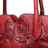 Red  Elegant Embossed Rose Leather Handbag - Vintage Style Tote Bag thumbnail