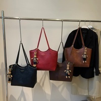 Red Elegant Black PU Leather Tote Bag with Cute Bear Keychain - Large Capacity Handbag for Women (38 x 26 x 13 cm) thumbnail