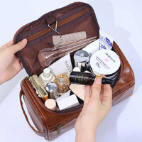 Brown Premium PU Leather Travel Toiletry Bag with Zipper Compartments thumbnail