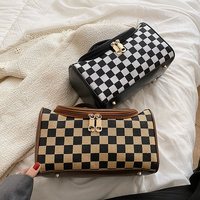 Brown Checkered Cosmetic Bag with Handle - Stylish, Compact, and Practical for Travel thumbnail