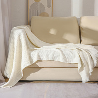 130*230CM Off White Nordic Solid Color Knitted Sofa Throw Blanket with Tassels – Waffle Weave Polyester Decorative Blanket thumbnail