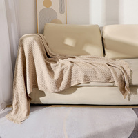 130*230CM Khaki Nordic Solid Color Knitted Sofa Throw Blanket with Tassels - Waffle Weave Polyester Decorative Blanket thumbnail