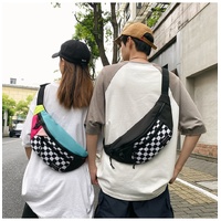 Multi-Coloured Patchwork Black and White Check Trendy Checkered Crossbody Bag - Color-Block Chest Bag for Men and Women, Lightweight Nylon Waist Bag thumbnail
