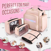 Pink 4-in-1 Travel Cosmetic Organizer Bag with Detachable Polyester Storage Boxes and Jewelry Roll, Multiple Compartments, Portable Makeup Bag thumbnail