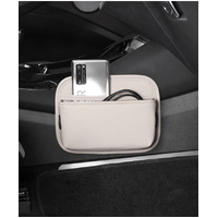 Off White PU Leather Car Storage Organizer with Dual Charging Holes and Inner Mesh Pocket, Multi-functional Door Handle Hanging Bag for Phones and Acc thumbnail