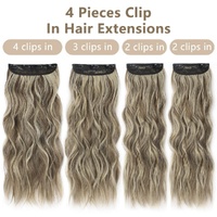 4 Pcs Set Light Gold High-Quality Wavy Clip-In Hair Extensions Set - 50cm, 200g, Synthetic Fiber -Voluminous Beach Waves for Instant Hair Makeover thumbnail