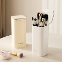 Cream Yellow Automatic Lifting Makeup Brush Holder with 4 Compartments, Large Capacity Cosmetic Brush Organizer(Makeup brushes are shooting props and  thumbnail