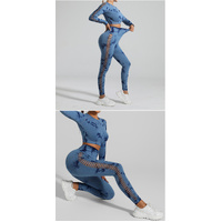 Dark Blue Size S Tie-Dye Yoga Set Long Sleeve Butt Lift Leggings Seamless Workout Training Gym Clothes thumbnail