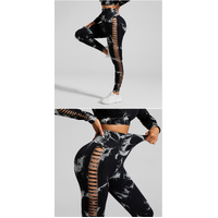 Black and Grey Tie-Dye Size L Tie-Dye Yoga Set Long Sleeve Butt Lift Leggings Seamless Workout Training Gym Clothes thumbnail