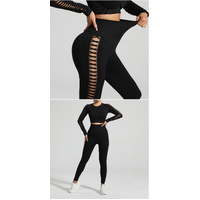 Black Size S Tie-Dye Yoga Set Long Sleeve Butt Lift Leggings Seamless Workout Training Gym Clothes thumbnail