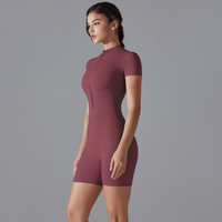 Dark Red Size XL Women's Summer Zip-Up Bodysuit - Short Sleeve, High Stretch Yoga & Dance Outfit, Breathable Fitness Wear thumbnail