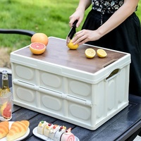 30L Black Foldable Storage Box with Wooden Lid - Multifunctional Car Organizer, Outdoor Folding Storage Container thumbnail