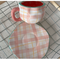 Pink Background Large Floral 300ML Underglaze Hand-Pinched Cup and Saucer Set - Ceramic Coffee Mug Milk Cup Breakfast Set thumbnail