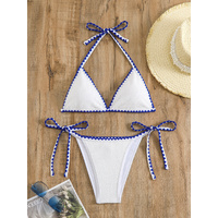 L Blue Sexy Halter Backless High-Waisted Bikini Set - Women's Slimming Swimsuit thumbnail