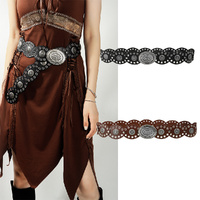 Antique Silver-coloured Vintage Western Post-Apocalyptic Women's Waist Belt with Eyelet Oval Carvings thumbnail