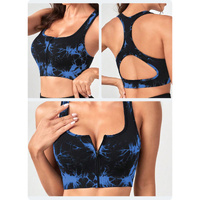 Women's Blue Tie Dye Zip-Up Sports Bra | Shockproof, Push-Up Size M thumbnail