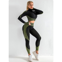 Army Green High Waist Yoga Set for Women- Sports Bra, Long Sleeve Shirt & Leggings 3-Piece Workout Set Size L thumbnail