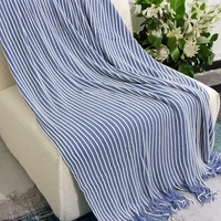 Blue Cozy Knit Throw Blanket with Fringe - Stylish Striped  Bed End Cover, 127x220CM thumbnail