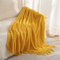 Yellow Premium Woven Knitted Throw Blanket with Tassels | Soft, Cozy Sofa & Bed Blanket, Perfect for Office or Afternoon Naps 130x220cm thumbnail