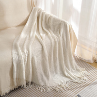 Beige Premium Woven Knitted Throw Blanket with Tassels | Soft, Cozy Sofa & Bed Blanket, Perfect for Office or Afternoon Naps 130x260cm thumbnail