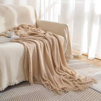 Khaki Premium Woven Knitted Throw Blanket with Tassels | Soft, Cozy Sofa & Bed Blanket, Perfect for Office or Afternoon Naps 127x172cm thumbnail