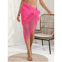 Rose red Women's Mesh Detail Beach Wrap - Tassel Trim Swim Cover-Up 95x195cm thumbnail