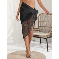 Black Women's Mesh Detail Beach Wrap - Tassel Trim Swim Cover-Up 95x195cm thumbnail