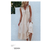 Apricot Flowy Sleeveless Midi Dress - Sleeveless solid sundress with decorative buttons Size M thumbnail