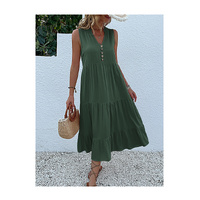 Green Flowy Sleeveless Midi Dress - Sleeveless solid sundress with decorative buttons Size M thumbnail