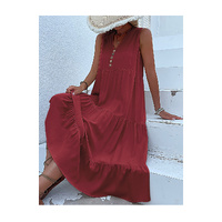 Wine red Flowy Sleeveless Midi Dress - Sleeveless solid sundress with decorative buttons Size M thumbnail
