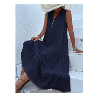 Navy blue Flowy Sleeveless Midi Dress - Sleeveless solid sundress with decorative buttons Size M thumbnail