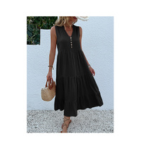 Black Flowy Sleeveless Midi Dress - Sleeveless solid sundress with decorative buttons Size M thumbnail
