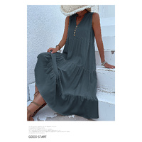 Dark grey Flowy Sleeveless Midi Dress - Sleeveless solid sundress with decorative buttons Size XL thumbnail