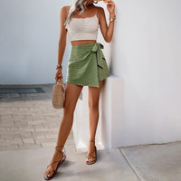 Green Wrap Front Shorts Skirt - Women's Summer High Waist Tie Waist Shorts - Lightweight Textured Skort Size S thumbnail