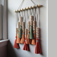 Colorful Tassel Wall Hanging-Wooden Beads Boho Tapestry Home Decor (Daylily red) thumbnail