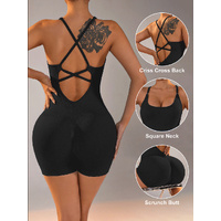 Size L Black Nylon Seamless Yoga Bodysuit - Women's Athletic Romper, Crisscross Back, Workout Jumpsuit thumbnail