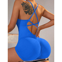 Size L Royal Blue Nylon Seamless Yoga Bodysuit - Women's Athletic Romper, Crisscross Back, Workout Jumpsuit thumbnail