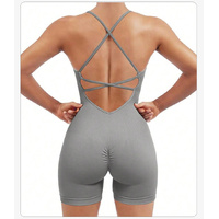 Size L Light Grey Nylon Seamless Yoga Bodysuit - Women's Athletic Romper, Crisscross Back, Workout Jumpsuit thumbnail