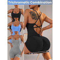 Size XS Light Blue Nylon Seamless Yoga Bodysuit - Women's Athletic Romper, Crisscross Back, Workout Jumpsuit thumbnail