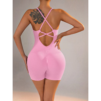 Size L Light Pink Grey Nylon Seamless Yoga Bodysuit - Women's Athletic Romper, Crisscross Back, Workout Jumpsuit thumbnail