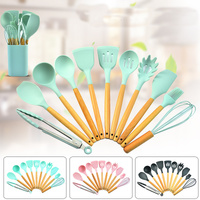 Light Green 12-Piece Silicone Kitchen Utensil Set with Beechwood Handles & Holder thumbnail