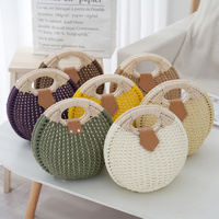 White Boho Circle Straw Bag - Stylish Woven Tote with Round Handles thumbnail
