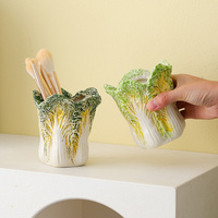 2 Pcs Dark Green Premium Ceramic Cabbage Makeup Brush Holder - Elegant 10.5cm High-End Desktop Organizer thumbnail