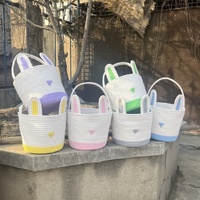 Purple And White Stitching Charming Easter Egg Tote Basket - Cute Rabbit-Themed Handwoven Cotton Rope Candy Holder thumbnail