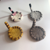 2 Pcs Yellow Handmade Wool Felt Cat Coasters - Cute Tiger Design, Heat-Resistant Table Mats thumbnail