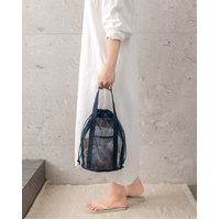 Navy Blue Lightweight Mesh Drawstring Beach Bag - Portable Travel Organizer for Toiletries and Essentials thumbnail