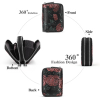 Black Background With Silver Roses Floral Embossed Genuine Leather Card Holder - Large Capacity 10 Card Slots, RFID Blocking, Double Zipper Coin Pouch thumbnail