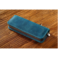 Blue Genuine Leather Pencil Case - Vintage Zip-Up Pen Holder with Elastic Loops thumbnail