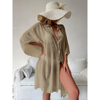 Khaki Summer Beach Cover-Up- Bamboo Cotton Sun Protection Cardigan thumbnail