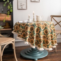 Round Sunflower Tablecloth - Jacquard Woven Cotton with Fringe Trim (90cm) thumbnail